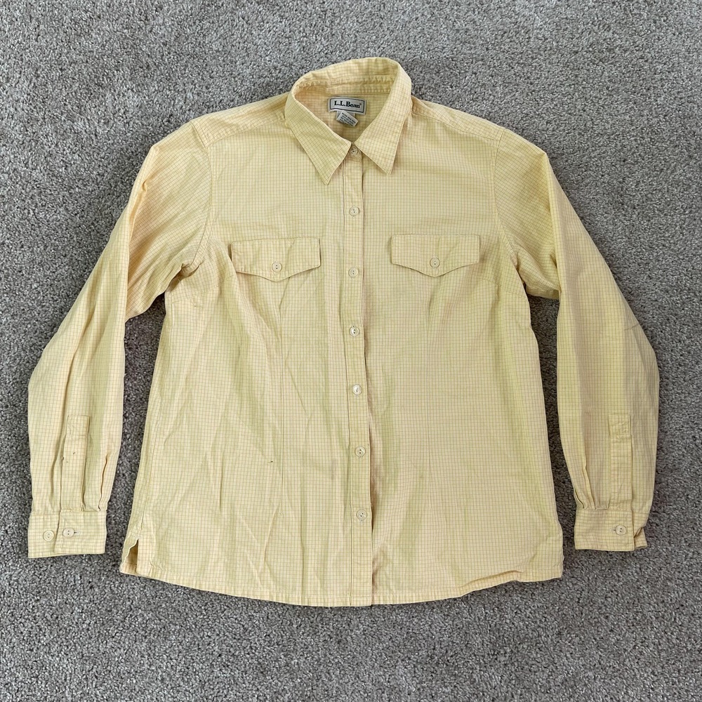 L.L. Bean Shirt Womens Medium Yellow Check Long Sleeve Button Front Cotton Top